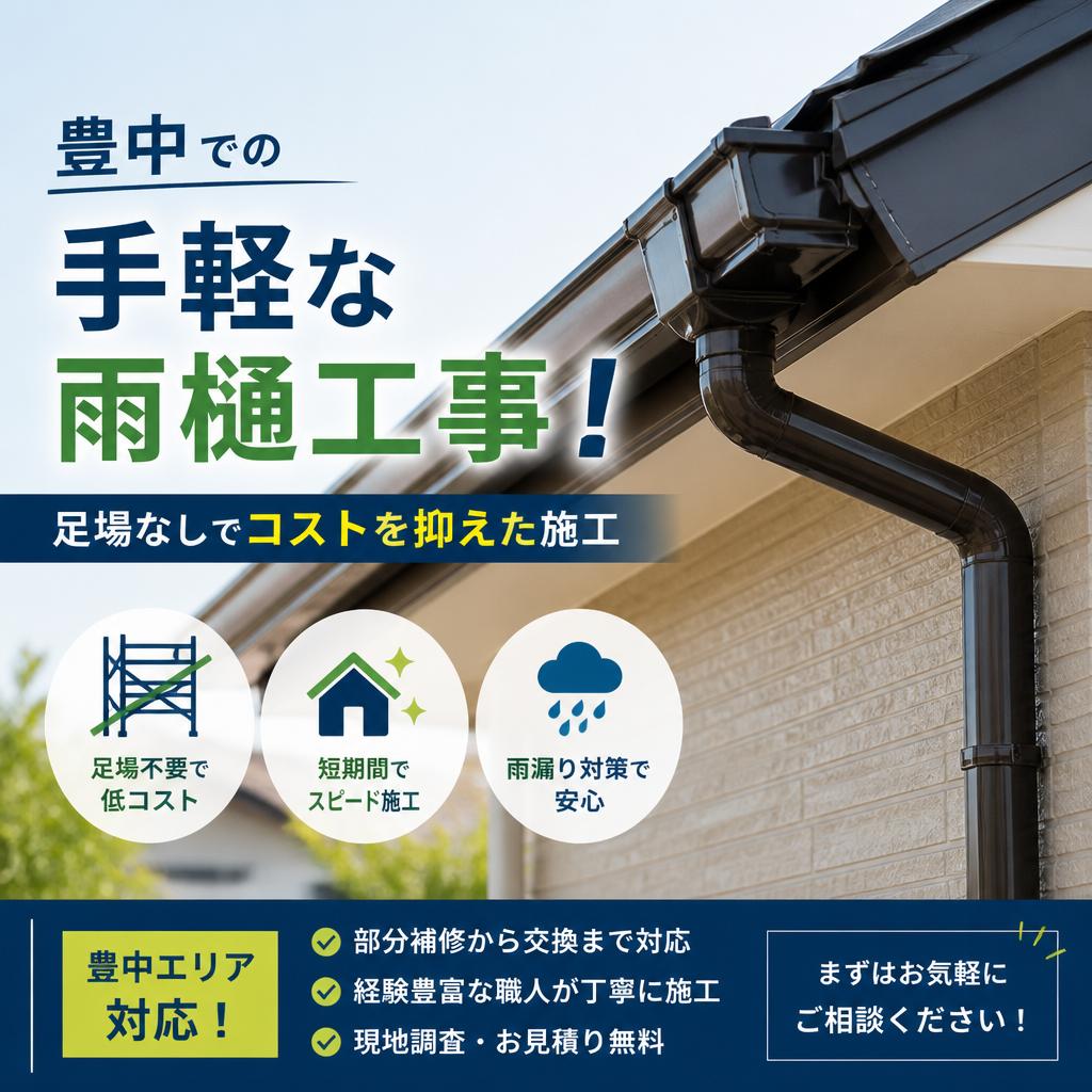豊中での手軽な雨樋工事！足場なしでコストを抑えた施工（交換・清掃・点検）