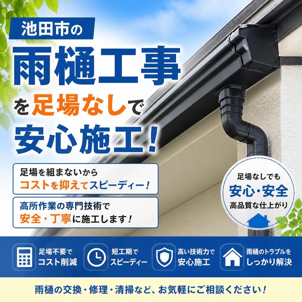 池田市の雨樋工事を足場なしで安心施工！（交換・清掃・点検）
